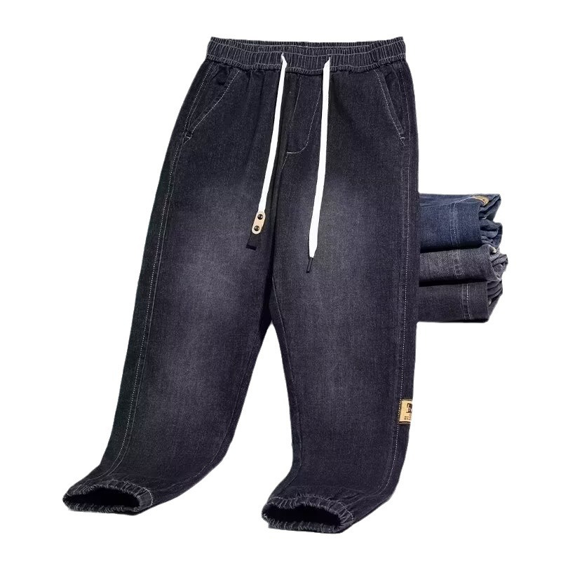 2024 primavera y otoño pantalones vaqueros de cintura elástica todo fósforo para hombres, pantalones de pierna ancha rectos sueltos para adolescentes de la calle principal