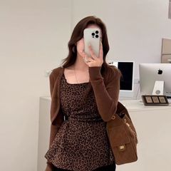 豹纹背心+针织开衫两件套女欧货2025秋季新款时尚洋气复古套装潮