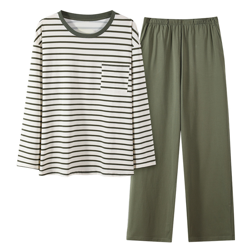 Pijamas de algodón de manga larga para hombres primavera y otoño ocio simple algodón 2024 nuevo conjunto de ropa de hogar de cuello redondo juvenil