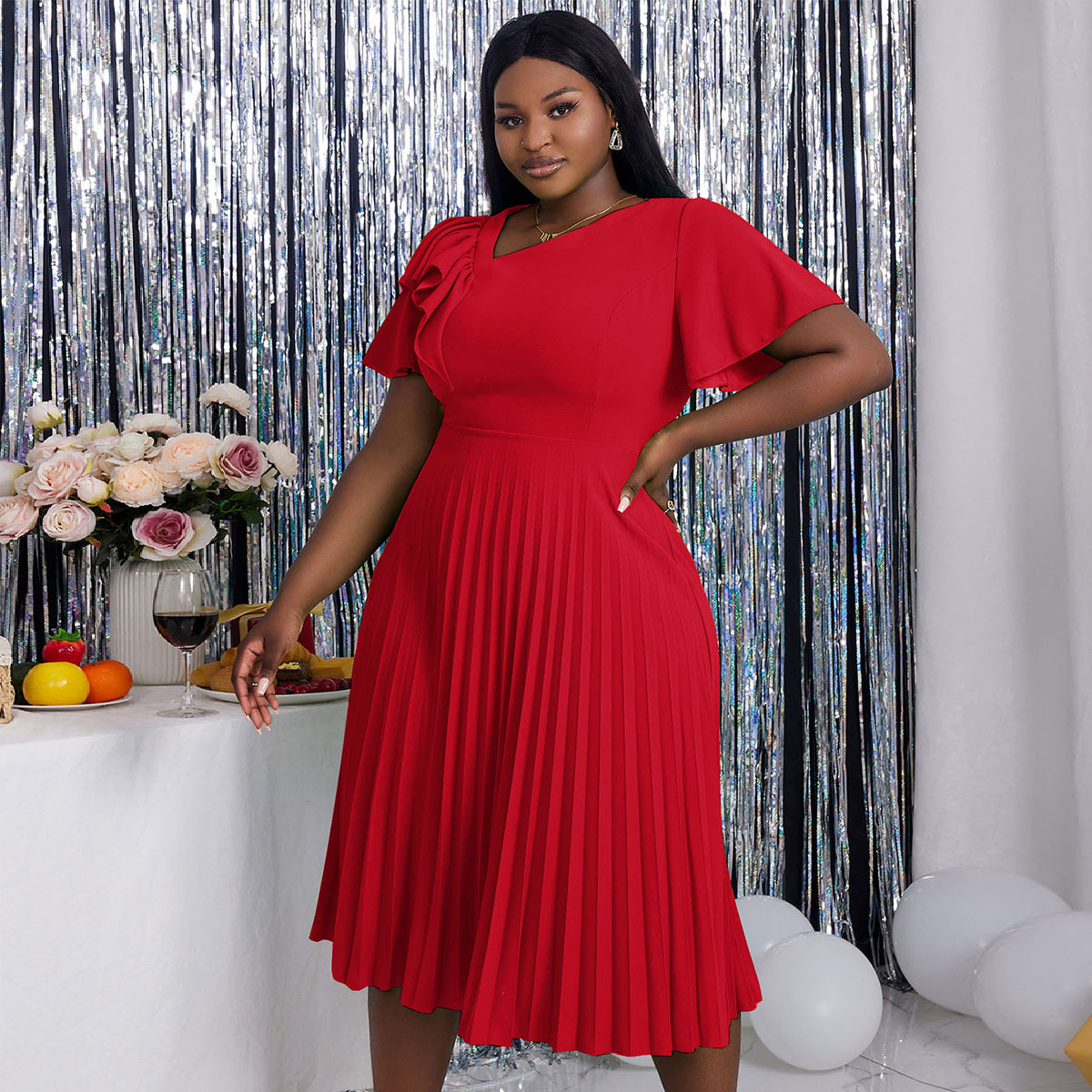 Ženska oblačila, nabrano krilo z odprtimi rameni, vsestransko, plus size_voghion.com