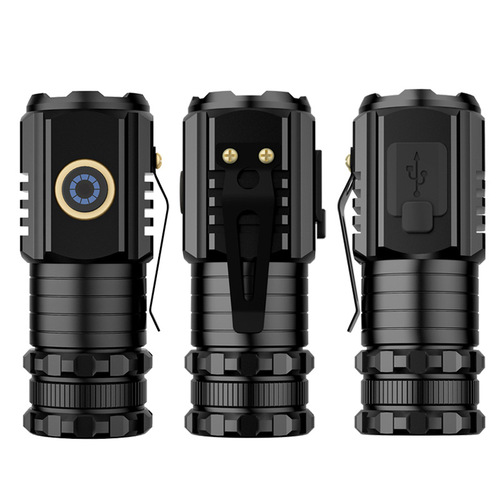 New Strong Light Magnetic Adhesive Flashlight Aluminum Alloy Mini Portable Outdoor Multifunction Hat Clip Charging 3-Light Small Flashlight