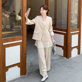 老钱风西装套装女2026春季新款高级感V领蕾丝罩衫阔腿裤子三件套