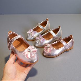 Spring and Autumn New girls' leather shoes Velcro princess shoes baby single shoes Children's leather shoes bow soft bottom children's leather shoes