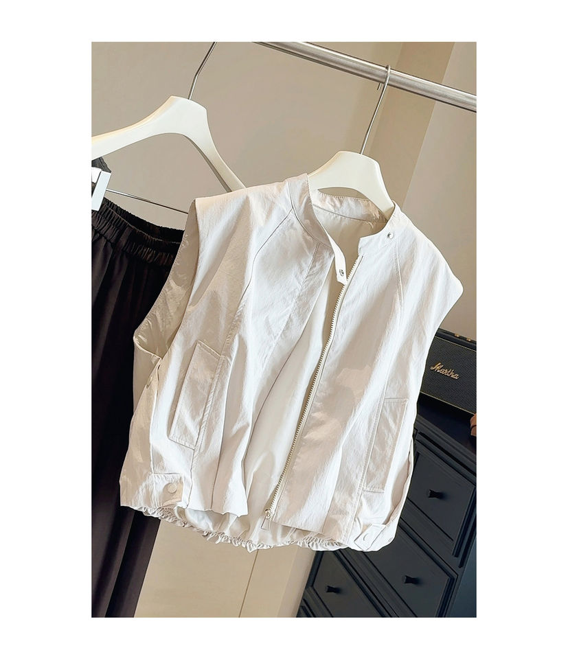 Áo gile nữ không tay dáng rộng gấu bo chun phong cách retro, dài áo 50–65 cm — Màu be, màu xám chi tiết 11