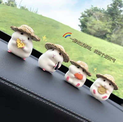 Hamster Car Ornaments Decompression Car Accessories Cute Mouse Doll Car Central Console Car Decoration Accessories (Car ornaments) - straw-hat-gray-hamster-four-piece-set