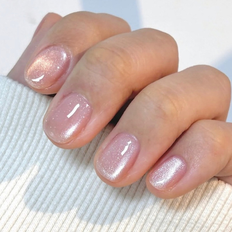 Short Square Armor Bright Face Flash Aurora Pink Gentle Cat's Eye Nail Art Press Style Women Wear Armor Europe and America 24 Pieces