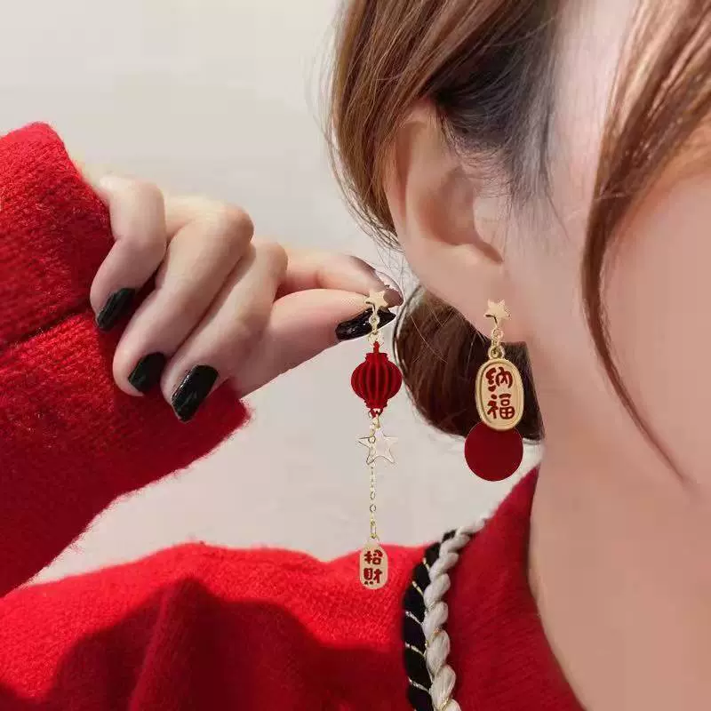 不对称耳饰 新年长款耳坠红色女耳饰 中国风灯笼鞭炮耳饰流苏耳环