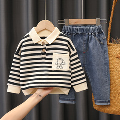 2021 Autumn New Children's Lapel POLO Shirt Long Sleeve Striped T-Shirt Girls' Trousers Two-piece Set One Piece Dropshipping