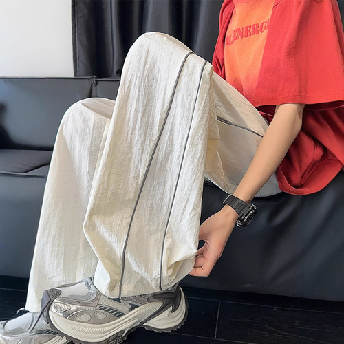 White Stitching Fast-Drying Pants Men's Summer Thin Fashion Brand Sports Wide Leg Pants American Straight Tube Loose Casual Pants 