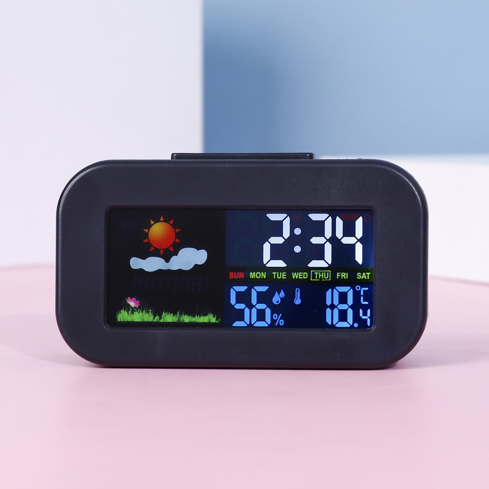 Cross-Border Export Dormitory Color Screen Weather Clock Perpetual Calendar Temperature and Humidity Same Screen Digital Alarm Clock Led Colored Light Clock
