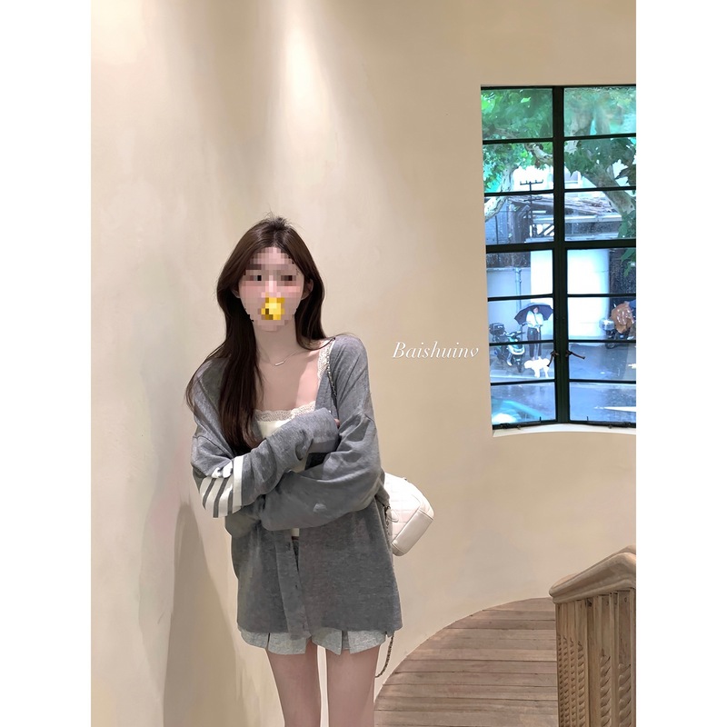 白水女 TB学院风 灰色针织开衫外搭女薄款韩系早秋宽松上衣外套|undefined