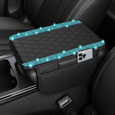 Armrest box pad Cushion with Rhinestones, Universal - parallel-diamond-style-sea-blue