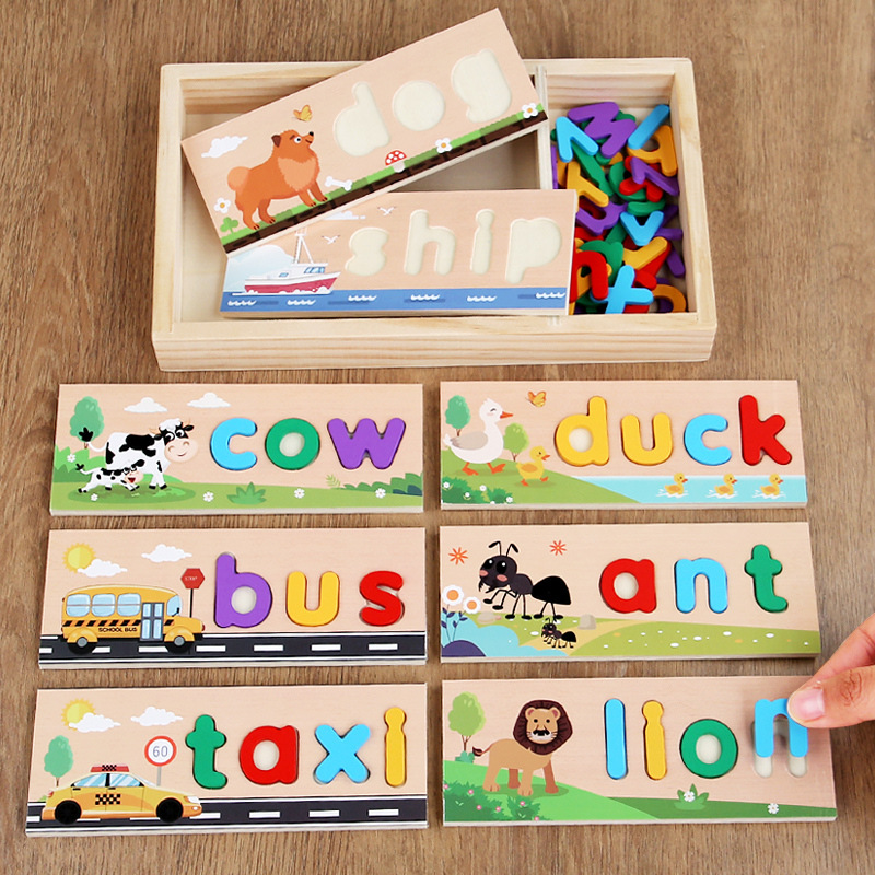 Juego de ortografía de caja de madera para rompecabezas para niños Alfabeto inglés Educación temprana Ortografía cognitiva Jardín de infantes Juguetes educativos de madera