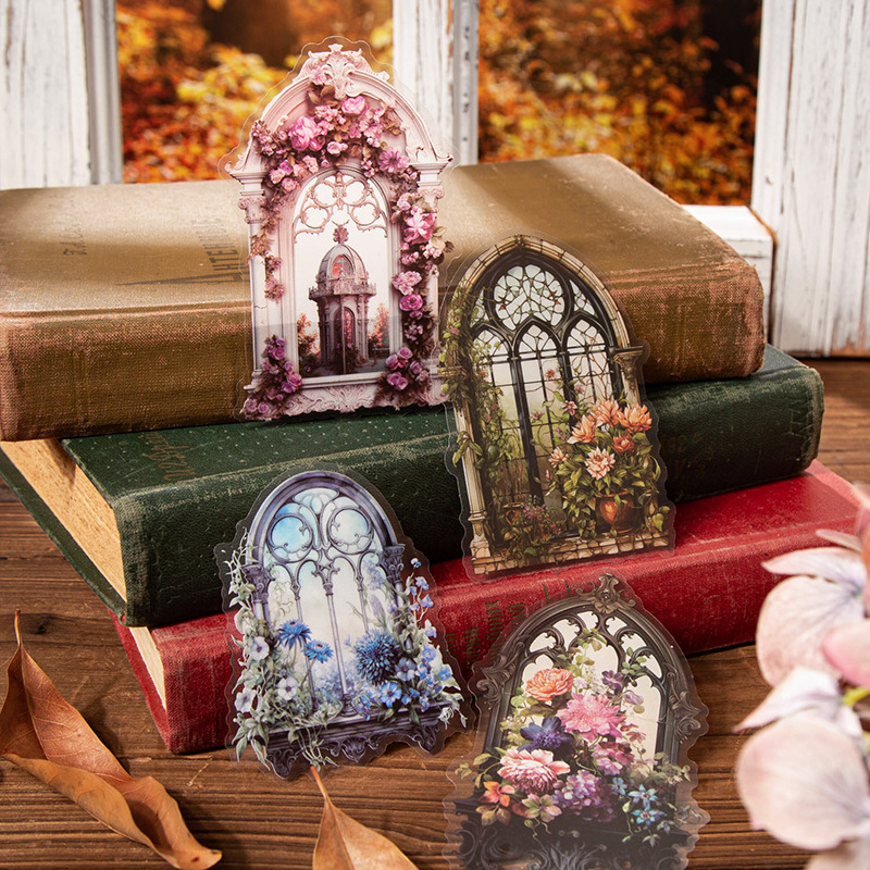 Beautiful day stickers flower open window series retro window beauty hand decoration collage material stickers