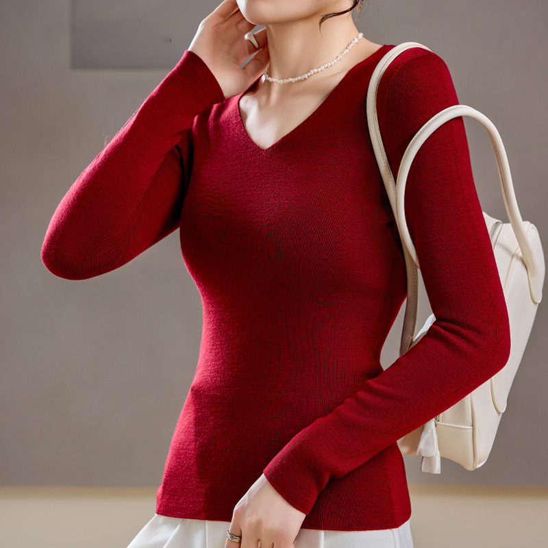 18針シームレスワンピース梳毛100ファインウールVネックニットボトムシャツ、女性用、スリムフィット、通勤インナー|undefined