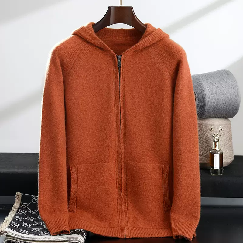 新款加厚100%纯羊毛拉链连帽针织衫男外套卫衣休闲宽松打底毛衣男