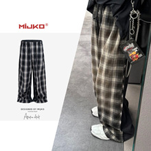 MIJKO男装女巴黎解构拼接格纹休闲裤男女同款撞色猫须抽绳长裤潮