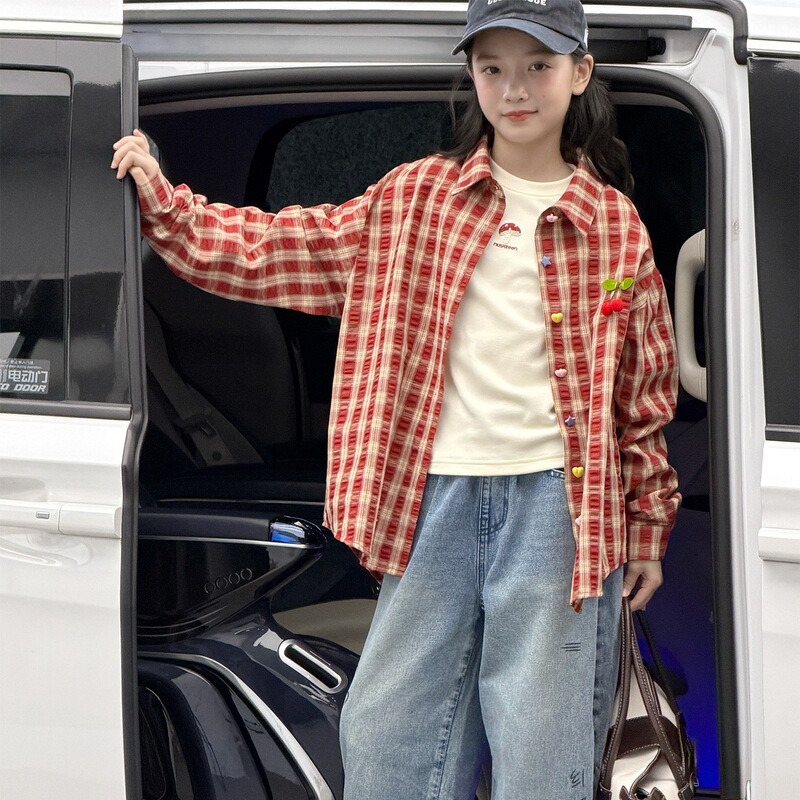 Autumn girls' plaid shirt, new children's clothing, girls' autumn loose long-sleeve stylish top, thin jacket, cross-border