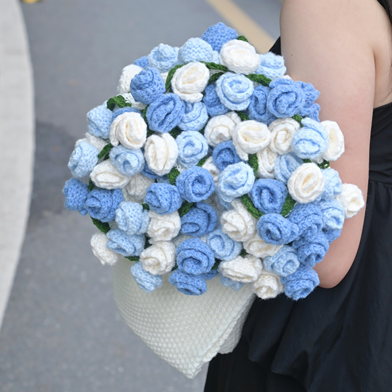 成品蓝色玫瑰花束毛毯编织花朵毯子针织七夕情人节生日礼物520女|undefined