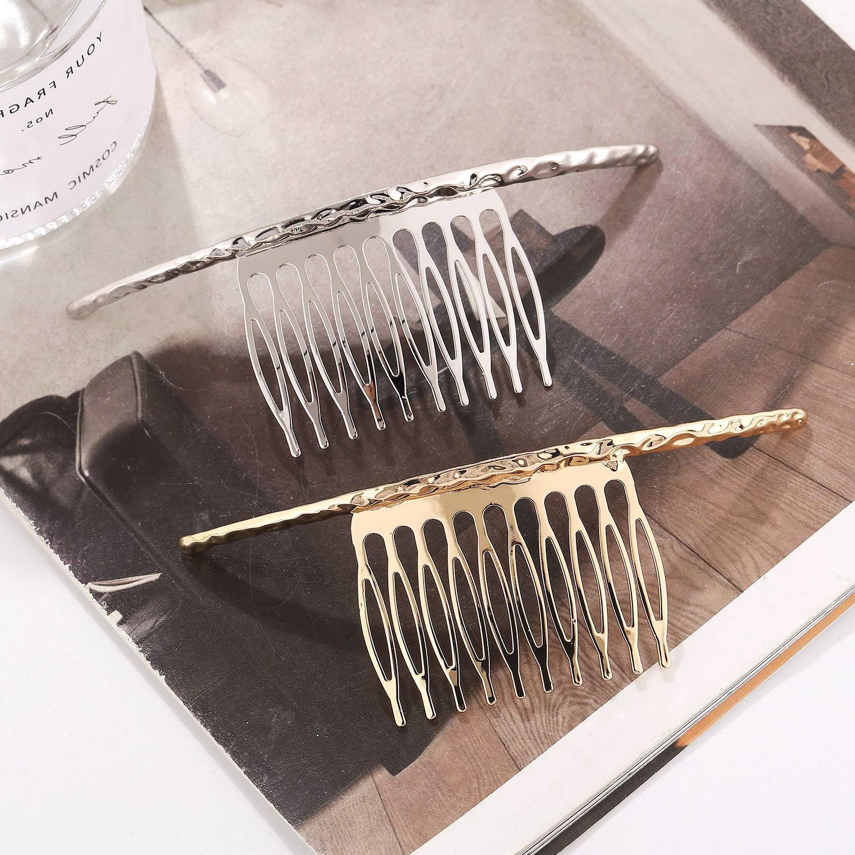 欧美一字长条发梳凹凸面合金梳插甜美可爱女生发饰品简约刘海梳|ms