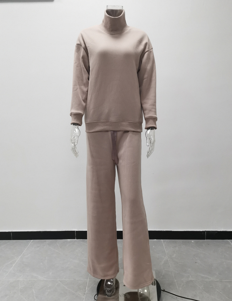 Women's Clothing long sleeved brown temperament wide leg pants fashionable loose high necked casual two piece sweatshirt_voghion.com
