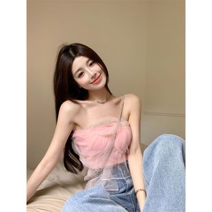 American-style Pink Pure Desire Mesh Stitching Camisole Women's 2024 Summer Navel Slim-fit Slim-fit Short Top