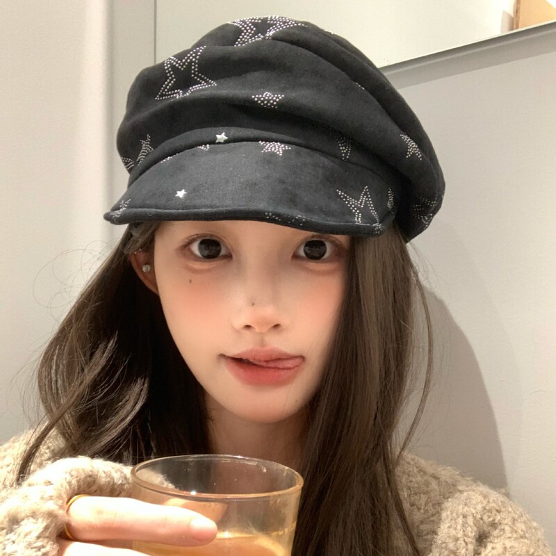 Simple Rhinestone Star Soft Brim Cloud Beret for Women, Artistic Face-Slimming Newsboy Hat, Retro Painter's Hat, Face-Slimming