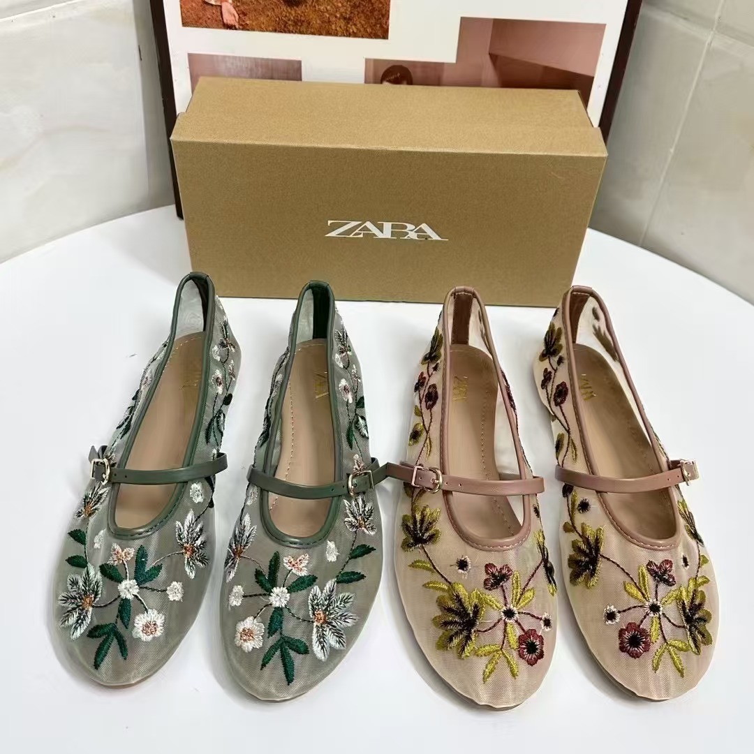 Za Spain 2025 Autumn New Women's Shoes Round Toe Mesh Sand Green Flower Embroidery Mesh Ballet Flats