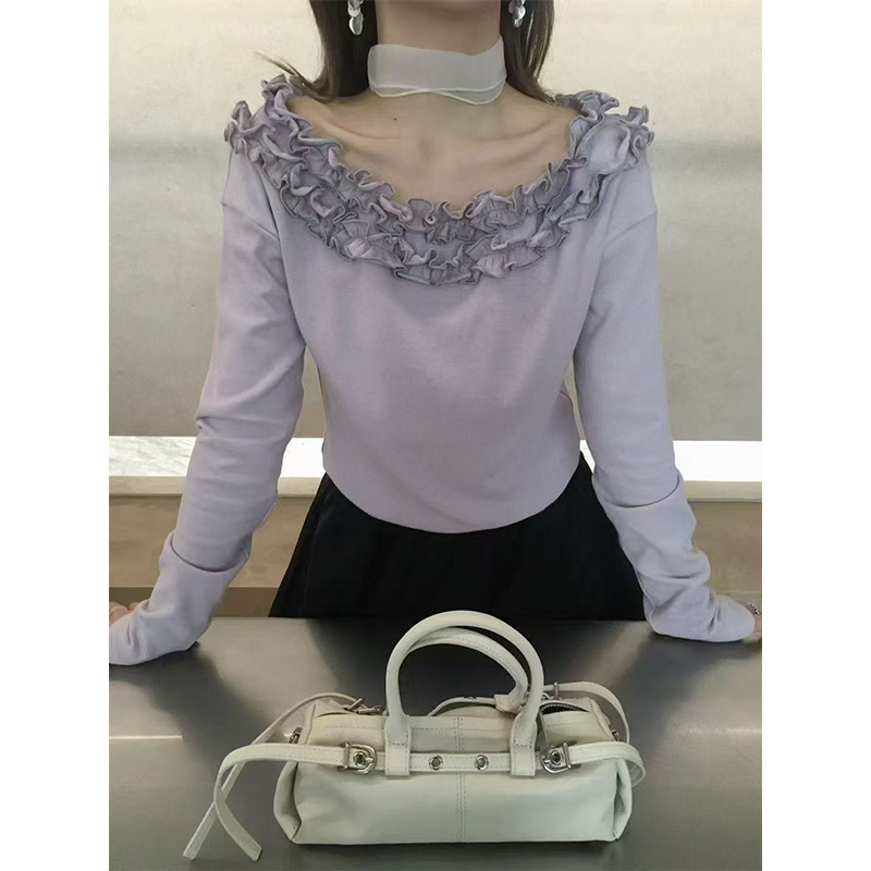 十三行2025秋新款一字肩木耳边T恤女装设计感小众修身显瘦长袖T恤|undefined