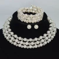 Комплект ожерелья для свадьбы TECAN Pearl: 3 предмета - ожерелье, браслет и серьги-гвоздики в серебре или золоте