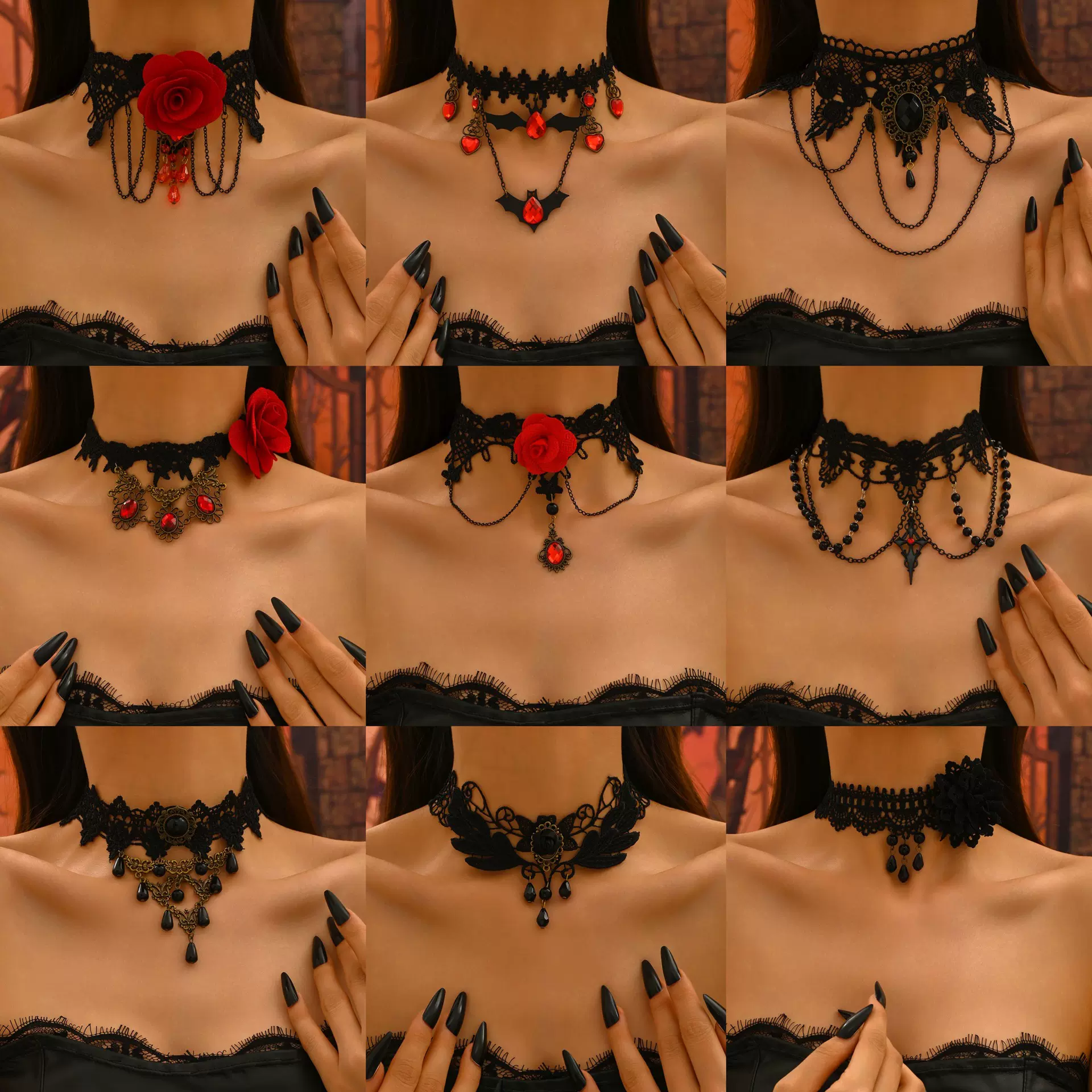 欧美跨境复古风暗黑系红玫瑰长款流苏项链哥特黑色蕾丝锁骨链项圈