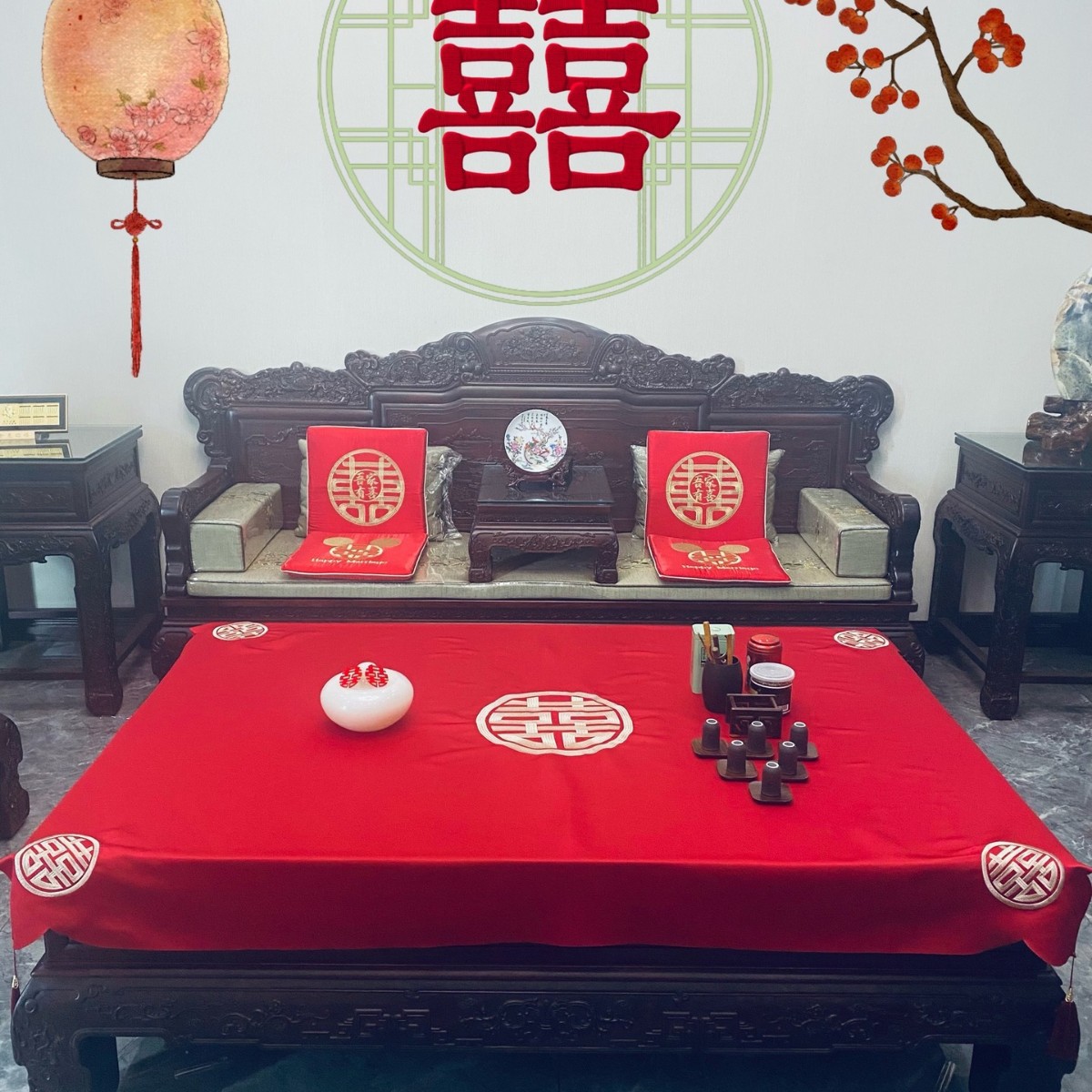 Tela de mesa de bodas, bandera de boda, mesa de té, tela roja china, ropa de mesa bordada, artículos de boda