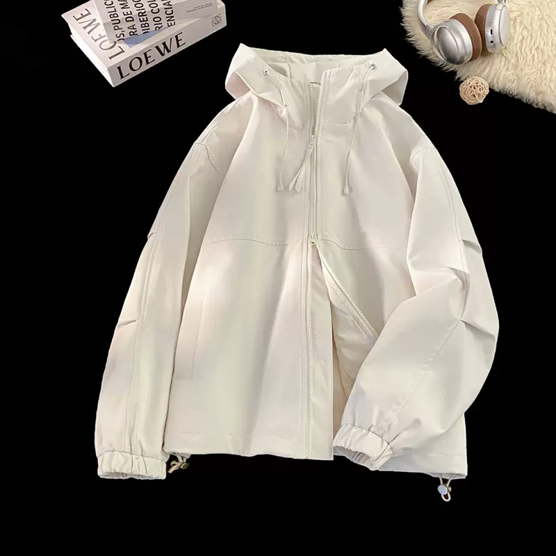 春秋纯色防风夹克男女款潮宽松外套休闲百搭连帽时尚夹克外套