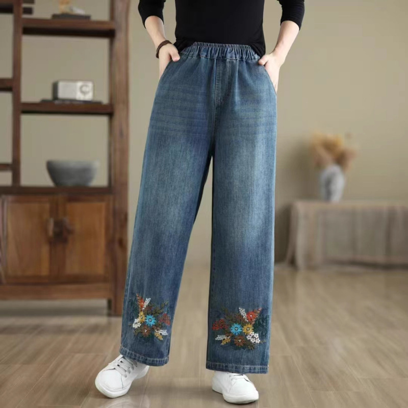 古咖服饰文艺绣花牛仔裤直筒春秋女装新款宽松紧腰刺绣阔腿裤|undefined