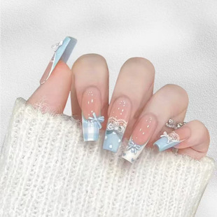 Blue Lace Bow Plaid Whitening Student Wear Nail Ins Style Wear Nail Removable Nail Stickers