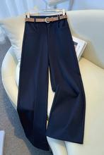 早秋新款时尚西装阔腿裤女高腰修身显宽松小个子藏蓝色直筒裤子