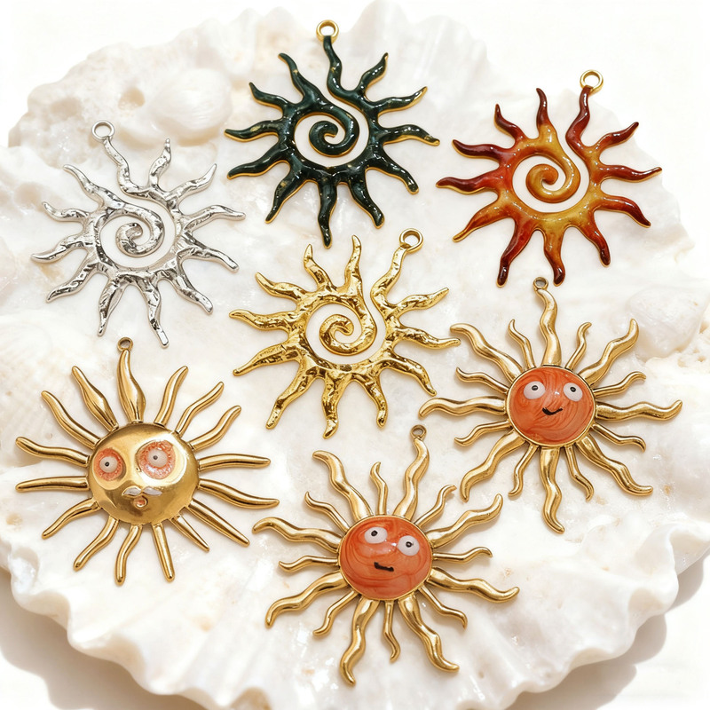 Stainless Steel Painted Moon Eight-Pointed Star Sun Autumn Color Pendant Necklace Bracelet Vacuum Plated Stainless Steel DIY Accessories