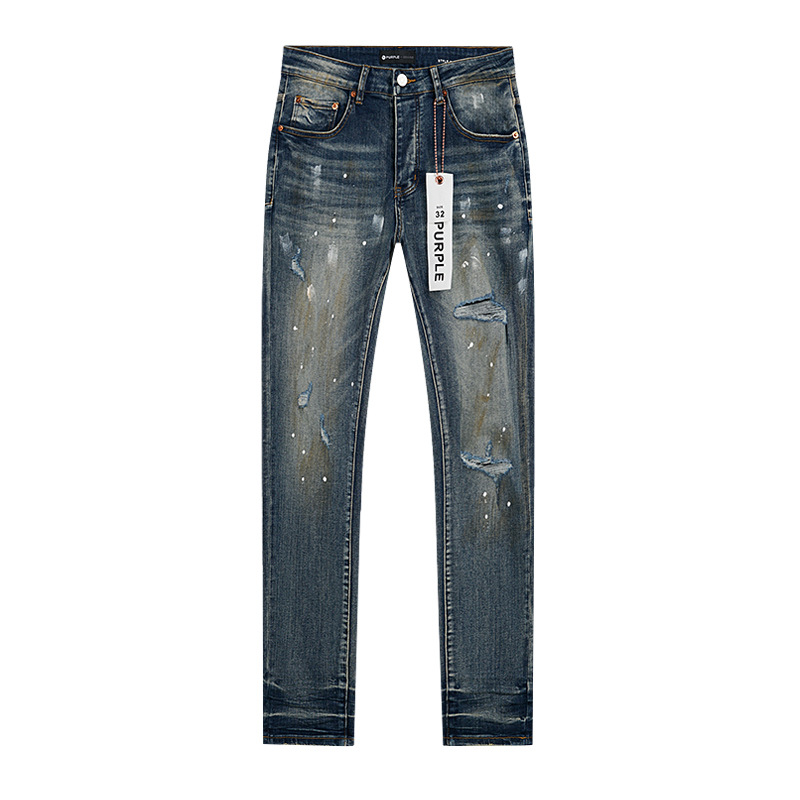 Comercio exterior transfronterizo mayorista purp1e estilo americano marca de alta calle agujero parche de tinta retrógrada lavado jeans pantalones cortos