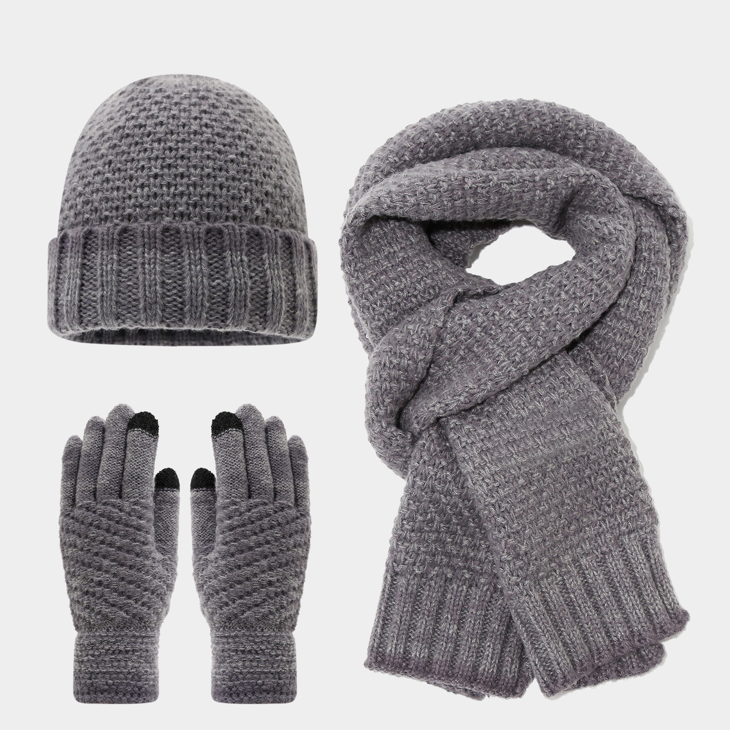 Invierno de moda europea y americana sombrero de punto de color conjunto de tres piezas al aire libre amplio sombrero bufandas guantes de calor conjunto de moda