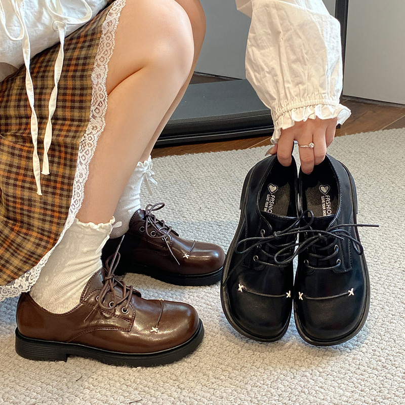 黑色英伦风低粗跟小皮鞋女2025新款秋季百搭配裙子软底复古单鞋子|undefined