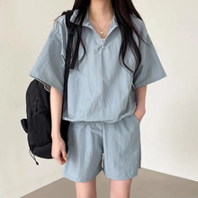 韩版拉链日本户外短袖套装纯色休闲运动短裤韩系两件套女夏装蓝色