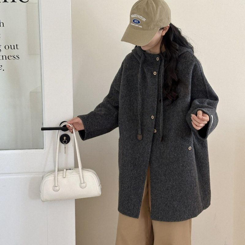 Double-sided Cashmere Coat Women's Mid-length Korean-style Loose Hooded Casual Double-sided Wool Thickened Wool Coat for Autumn and Winter