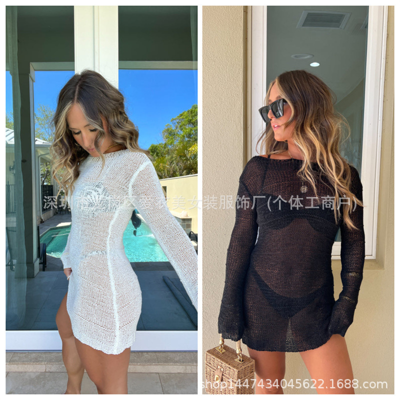 2026 Spring/Summer Women's Clothing Aliexpress New Long Sleeve Mesh Pullover Cover-Up European and American Beach Bikini Cover-Up 2 Colors