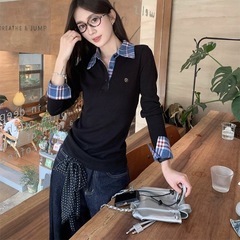 春と秋の新しいデザイン感の偽の2つの格子縞は色の底のシャツのPOLOのニットの女性の秋の頭の長袖の上着にぶつかります。