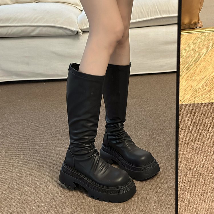 Moteriški storapadiai platforminiai aulinukai iki kelių 2023 m. rudens ir žiemos madingi klostuoti aulinukai iki kelių, ploni, elastingi aulinukai_voghion.com