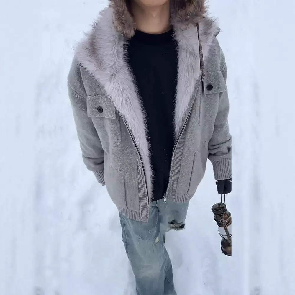 座山雕毛领毛衣外套男款冬季加绒加厚cleanfit针织衫夹克保暖棉服