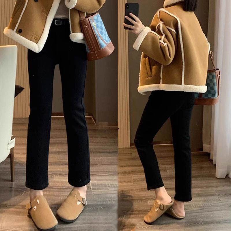 Black smoke tube straight jeans women's cropped 2023 new autumn and winter high waist belly slimming fleece-lined cropped pants