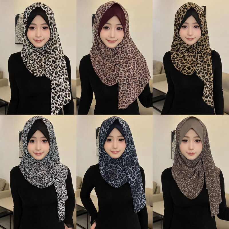 Fashionable Light Luxury Style Leopard Print Chiffon Spliced Crystal Linen Wrap Scarf Convenient Scarf Headscarf Head Cover Veil for Women