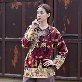 新中式复古盘扣印花衬衫女2025秋新款文艺拼接圆领长袖上衣