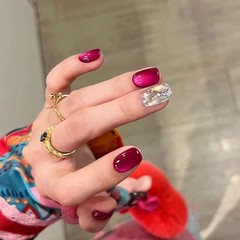 X444火龙果色猫眼满钻新款穿戴甲指甲贴2025爆闪高级短款成品贴片
